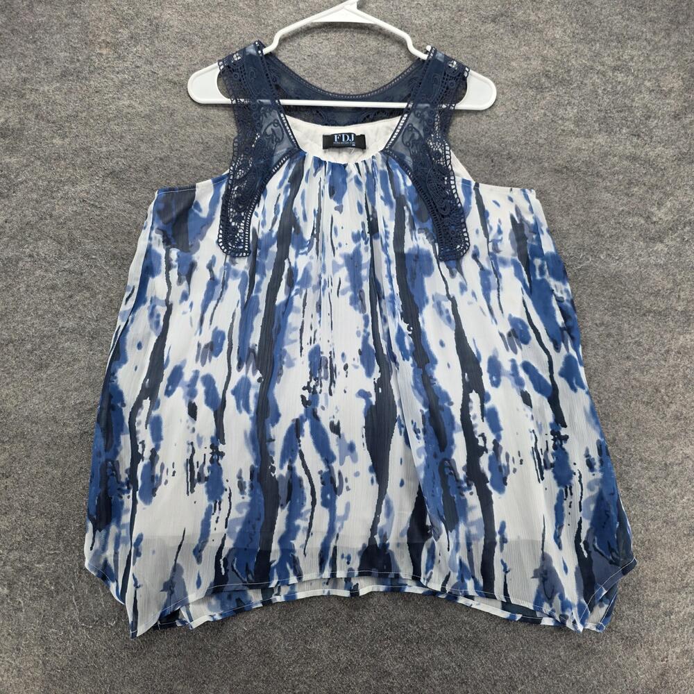 FDJ Blouse Tunic Womens L Blue High Neck Crochet Sleeveless Lined Chiffon
